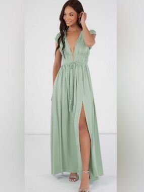 Azazie Santorini Agave Deep V Tie-Waist Maxi Dress size 4